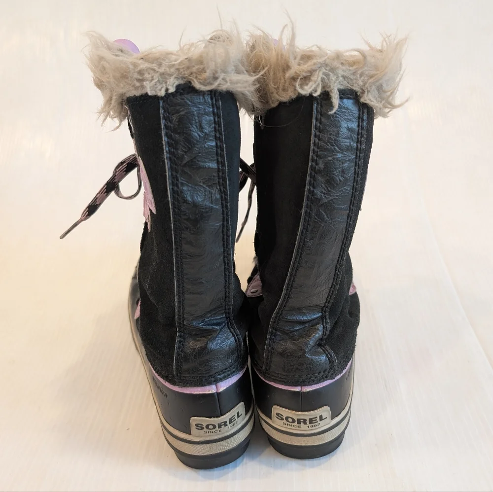 SOREL Youth Joan Of Arctic Black Purple Lace-up Winter Boots Fur Trim Size 6